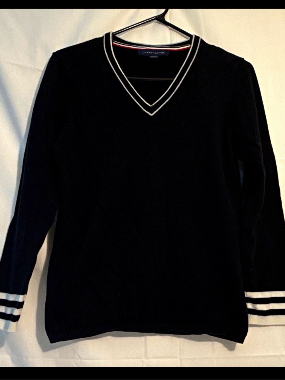 Tommy Hilfiger Black V-Neck Sweater with White Stripe Trim Medium